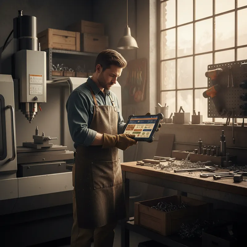 Handwerker an CNC-Maschine mit Tablet in der Werkstatt
