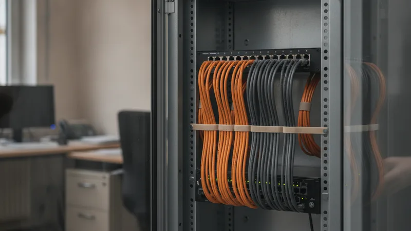 Netzwerkverteiler in einem kleinen Serverschrank mit ordentlich gesteckten orangen und grauen Kabeln