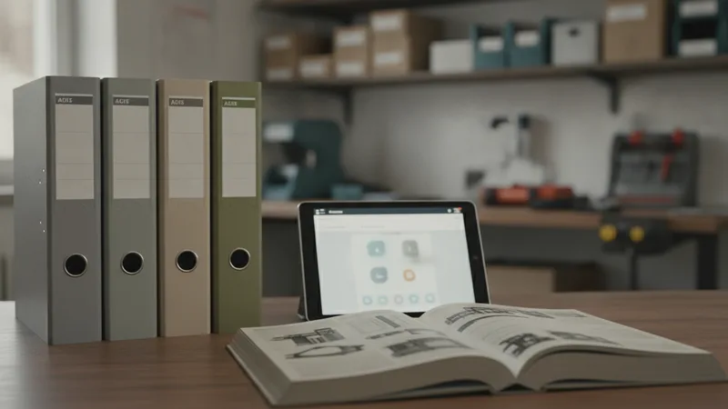 Büro eines Handwerksbetriebs mit Aktenordnern, einem Teilekatalog und einem Tablet mit unscharfer Assistenten-Anwendung