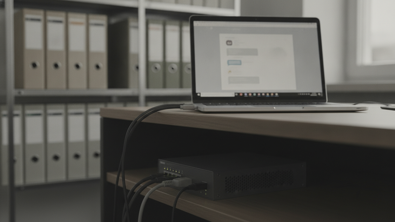 Schreibtisch mit Laptop, auf dem ein unscharfes Gesprächsfenster zu sehen ist, verbunden mit einem kleinen Netzwerkgerät, im Hintergrund Aktenordner