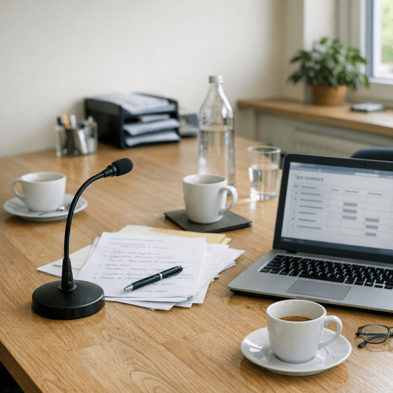 Dokumentarische Besprechungsszene mit Mikrofon, Notizbuch und strukturiertem Protokoll-Workflow auf dem Schreibtisch