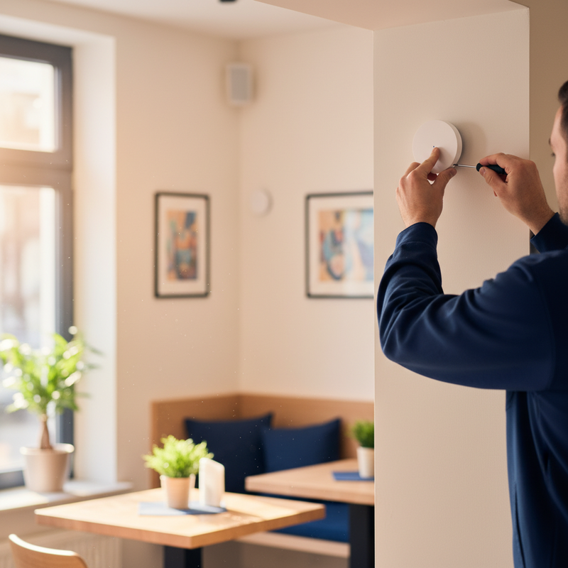Mesh-WLAN-Funkpunkt wird in einem Café an der Wand montiert, ein zweiter Funkpunkt ist im Hintergrund sichtbar
