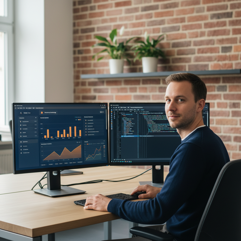 Marketing-Analystin in einem deutschen B2B-B&uuml;ro arbeitet mit zwei Bildschirmen: links ein Kampagnen-Dashboard, rechts ein Programm-Editor mit Schnittstellen-Aufrufen