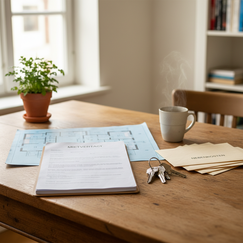 Vermieter-Schreibtisch mit Mietvertrag, Hausschlüsseln, Grundriss und Nebenkostenbriefen