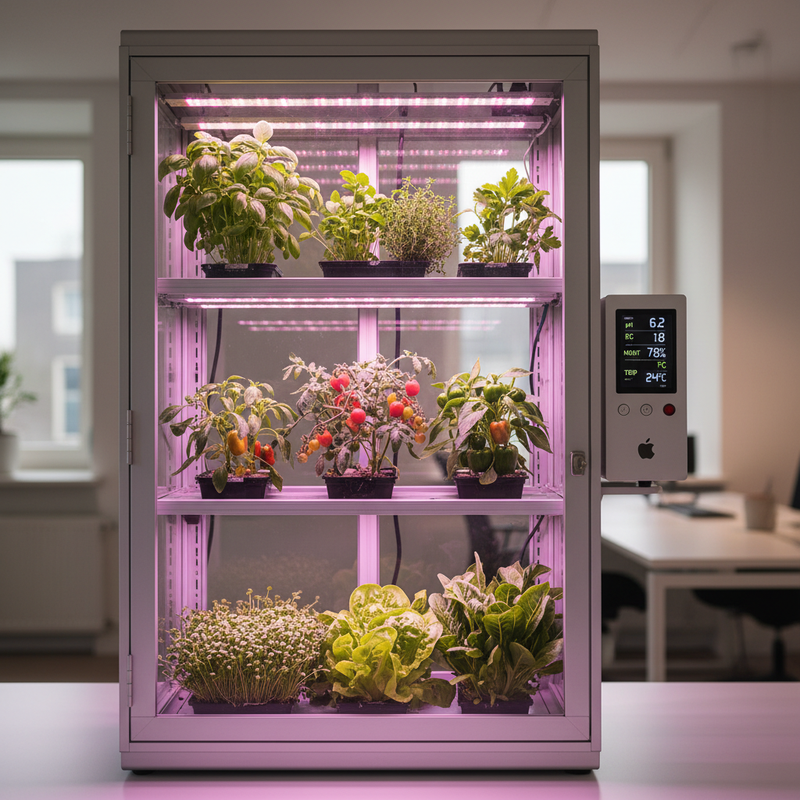 Indoor-Gewächshaus-Schrank mit drei beleuchteten Etagen — Kräuter, Tomaten, Salat — und Sensor-Steuerung
