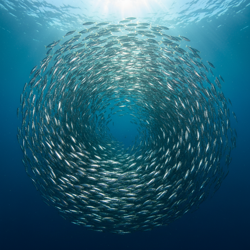 Dichter Sardinen-Schwarm in spiraliger Wirbel-Formation, fotografiert von oben durch Sonnenstrahlen im tiefblauen Ozean – Sinnbild für Schwarmintelligenz und kollektive Dynamik