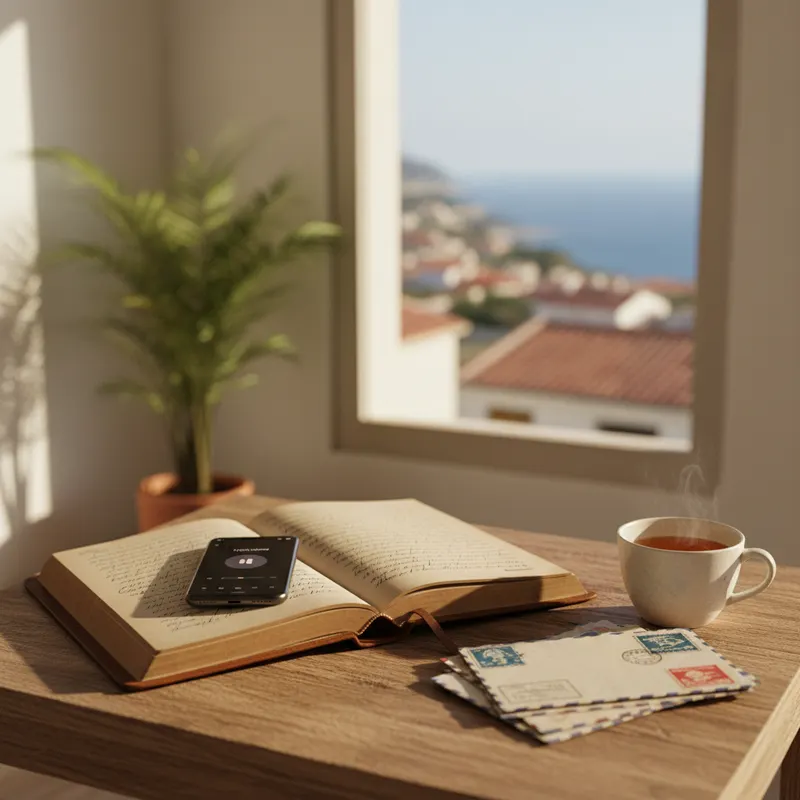 Offenes Leder-Journal auf hellem Holztisch mit Smartphone, das eine Sprachnachricht aufnimmt, Teetasse und gestempelte Briefe mit ausl&auml;ndischen Marken