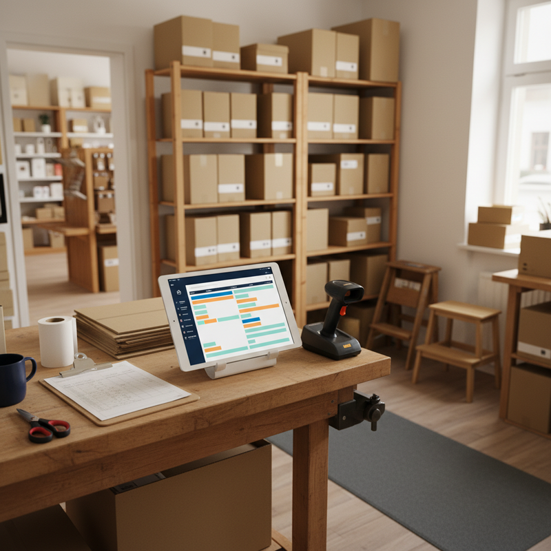 Backoffice einer kleinen deutschen Einzelhandels-Filiale mit Tablet, das einen Wochen-Schichtplan zeigt, Barcode-Scanner, Kartons und Inventar-Klemmbrett