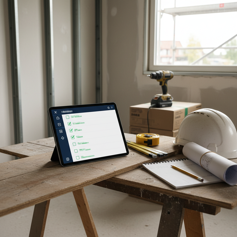 Improvisierte Werkbank auf einer deutschen Baustelle mit Tablet, das eine Aufgaben-Checkliste zeigt, Bauplan-Rolle, Bauhelm und Akkuschrauber