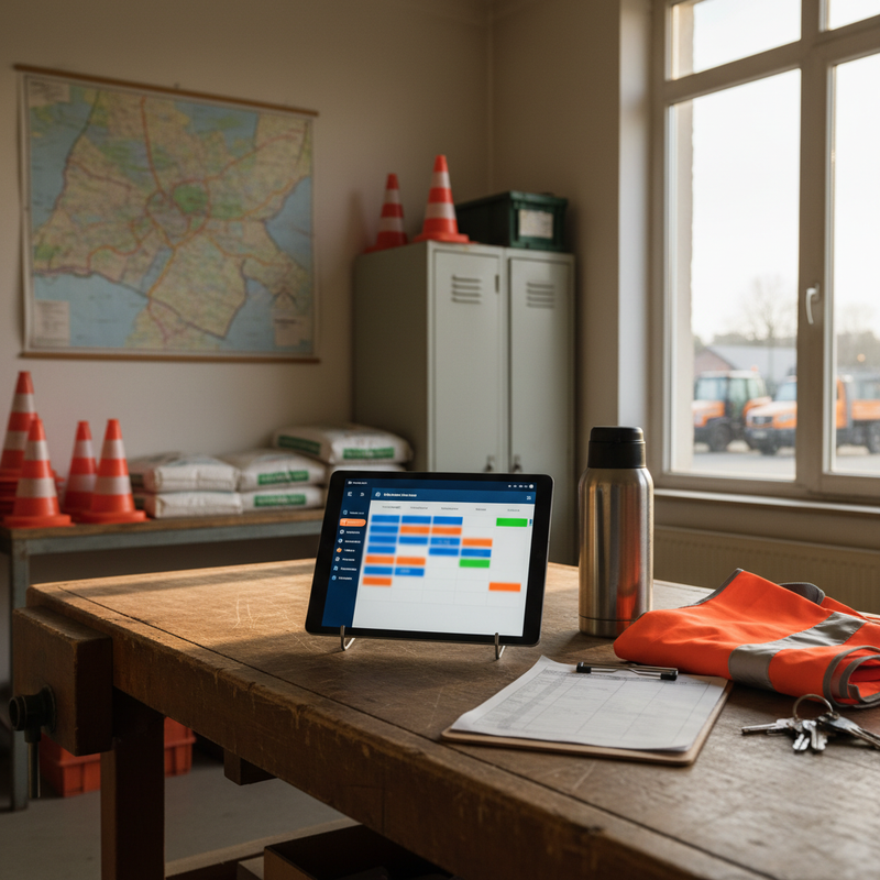 Theke in einem deutschen Bauhof mit Tablet, das einen Wochenkalender zeigt, Warnweste und Klemmbrett, Wandkarte der Gemeinde im Hintergrund