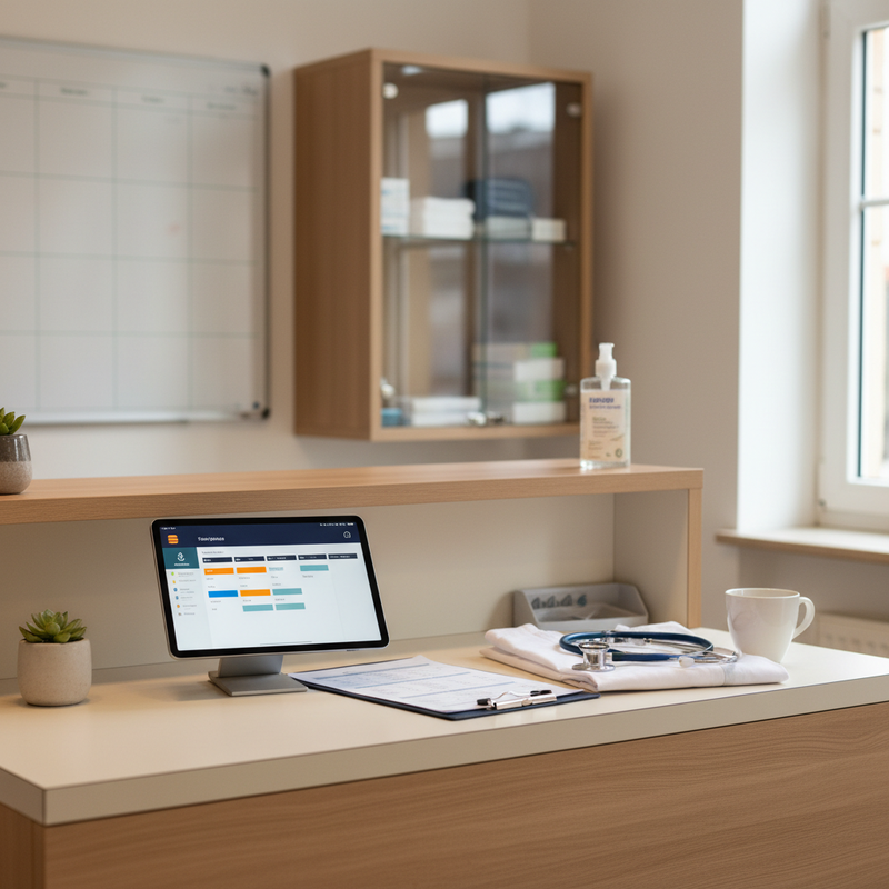 Stationszimmer-Tresen einer kleinen deutschen Pflegeeinrichtung mit Tablet, das einen Schichtplan zeigt, Stethoskop und Klemmbrett mit Pflegeplan