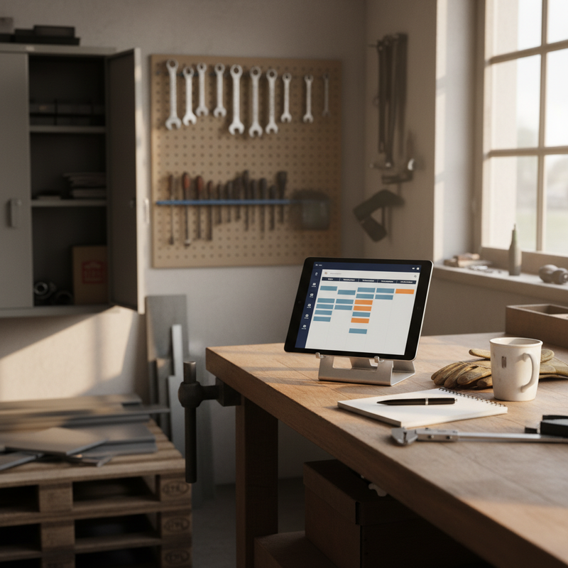 Werkbank in einer kleinen deutschen Manufaktur mit Tablet, das den Wochen-Dienstplan zeigt, Werkzeugschrank und Pegboard im Hintergrund
