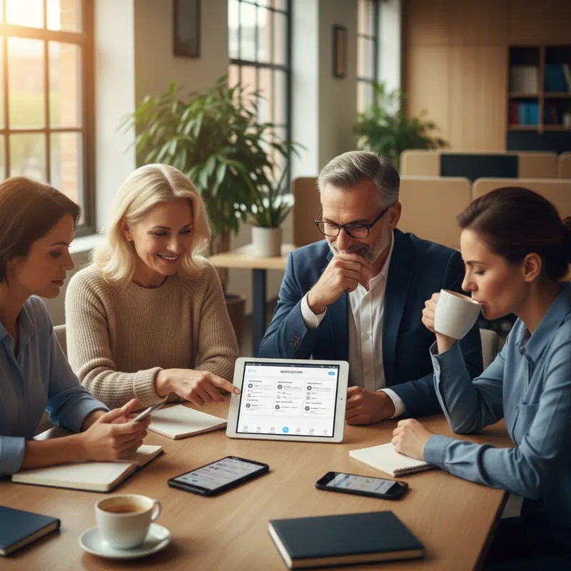 Kleines Team am Tisch sieht sich gemeinsam die Mitarbeiter-App auf einem Tablet an