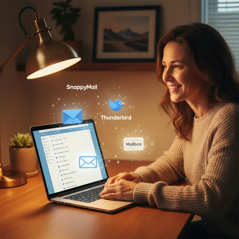 Zufriedene Nutzerin am Laptop mit einer modernen E-Mail-Oberfl&auml;che &ndash; umgeben von schwebenden Icons der Webmail-Alternativen SnappyMail, Thunderbird und Mailbox