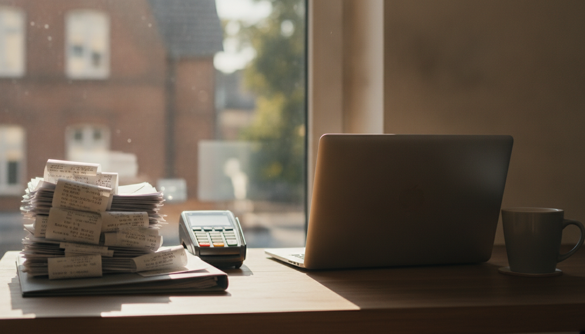 Schreibtisch mit gestapelten Kassenbelegen, Kartenterminal, zugeklapptem Notebook und Kaffeebecher am Fenster