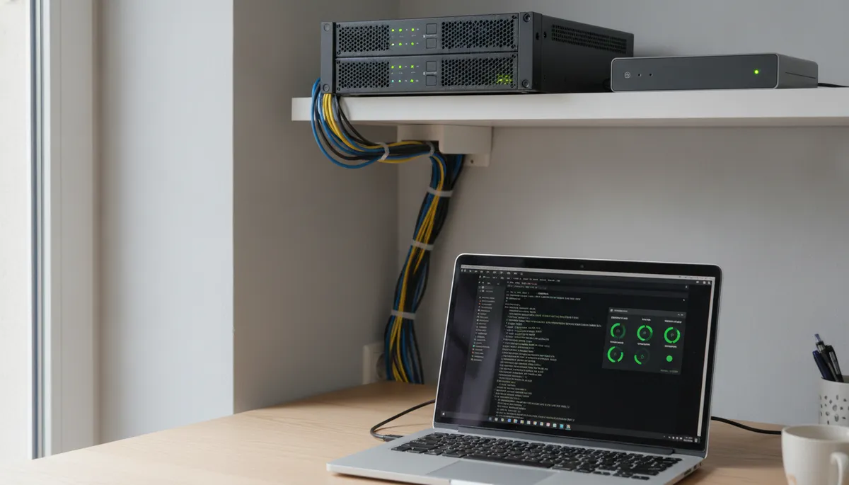 Kleiner Server und Mini-PC mit leuchtenden Statusanzeigen auf einem Regal, davor ein Laptop mit Terminal und Statusübersicht