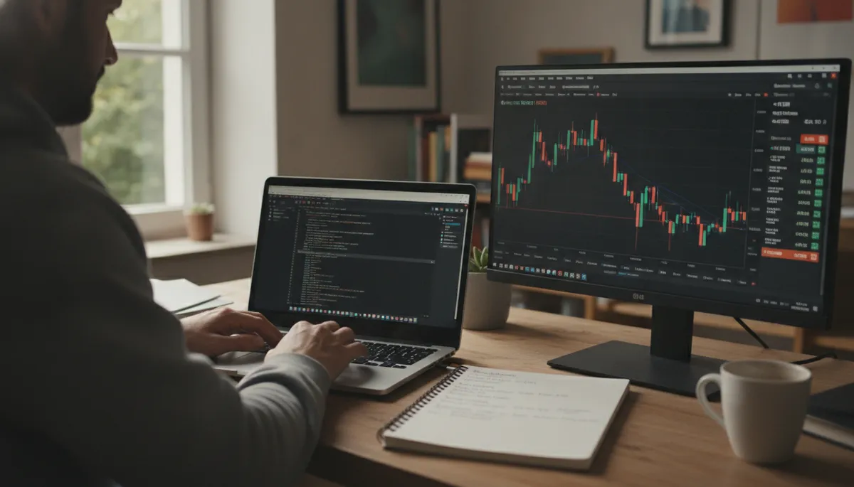 Entwickler am Laptop mit geöffnetem Code-Editor, daneben ein Monitor mit Handelsterminal, Kerzenchart und Positionsliste
