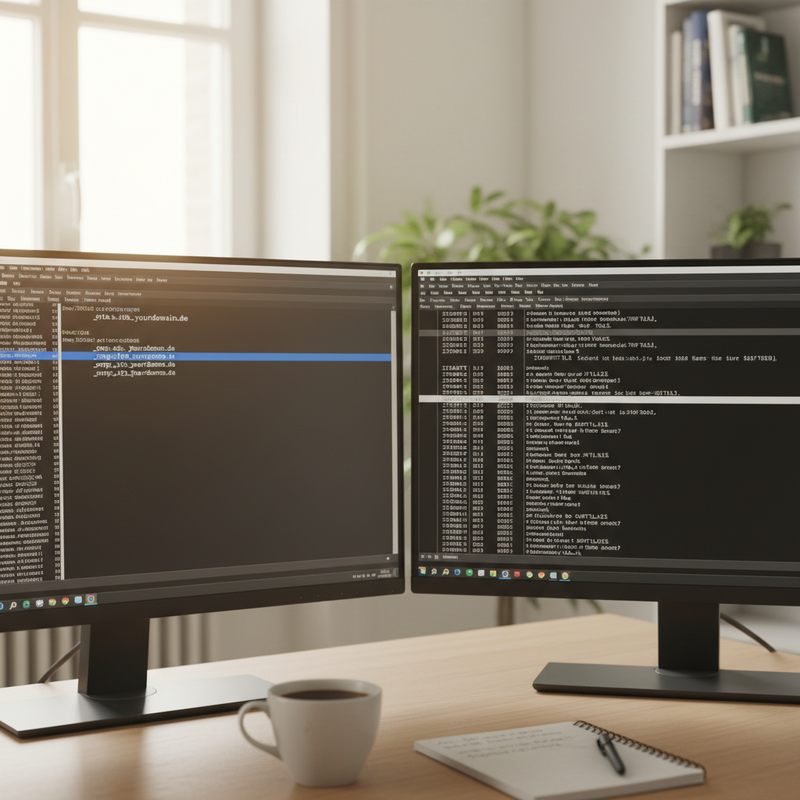Schreibtisch mit zwei Monitoren, links DNS-TXT-Records, rechts ein SMTP-Server-Log mit STARTTLS-Handshake, Tageslicht von der Seite