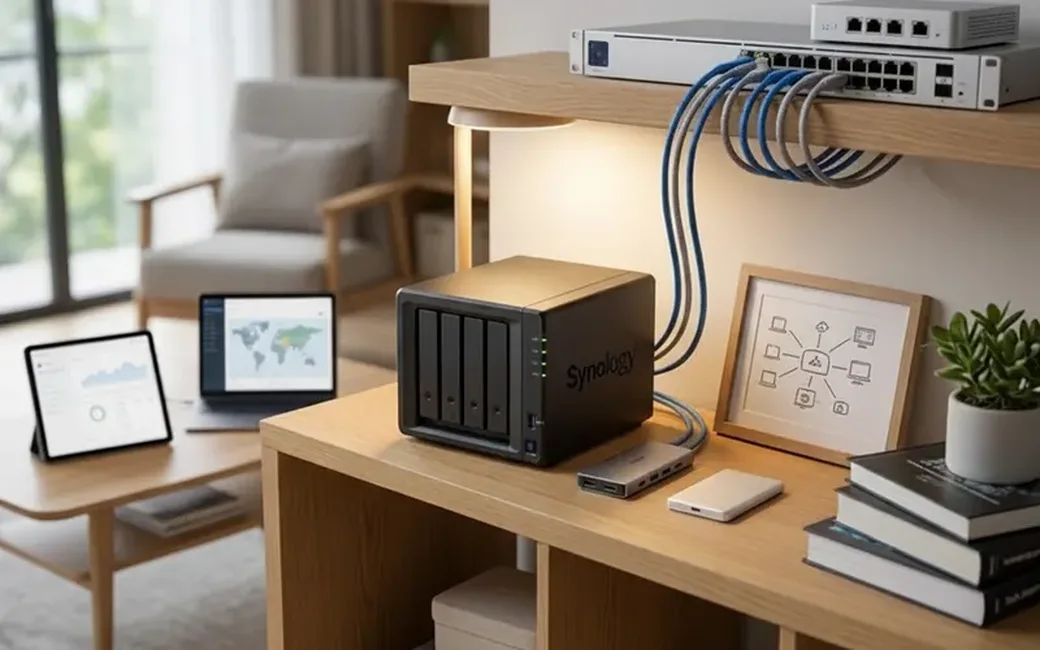 Netzwerk-Switch und Speichergerät auf einem Holzregal