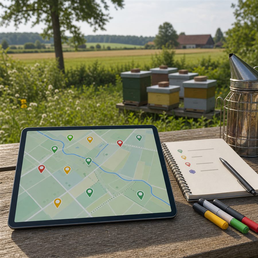 Imker mit Tablet zeigt Bienenfeind-Karte mit Risiko-Heatmap im Streuobstwiesen-Hintergrund