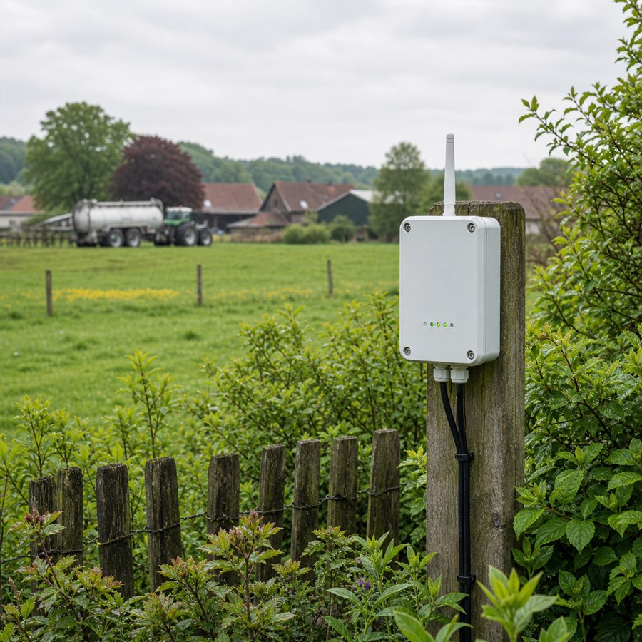 Sensor-Box am Gartenzaun mit Güllefass und Hof im Hintergrund — naturwerk© Gülle-Wächter gegen Ammoniak und H2S