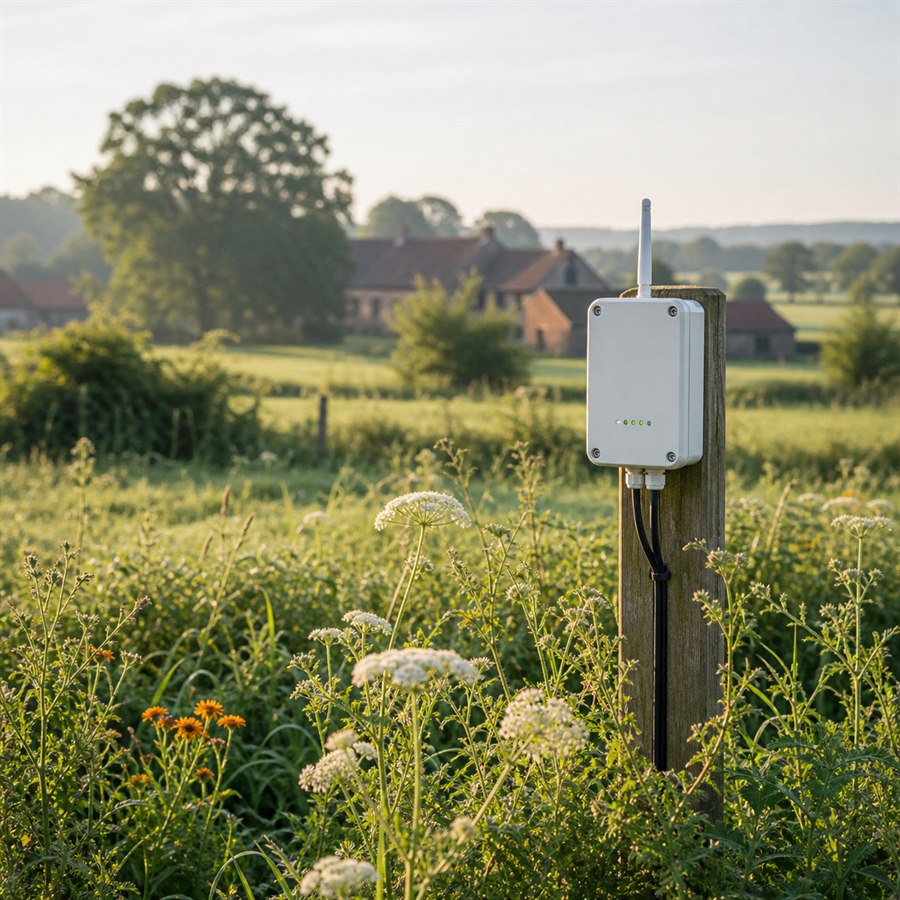 Sensor-Box im Wildblumenwiese-Vordergrund mit Münsterländer Hofstelle in der Ferne — naturwerk© Bürger-Tech gegen Umweltverschmutzung