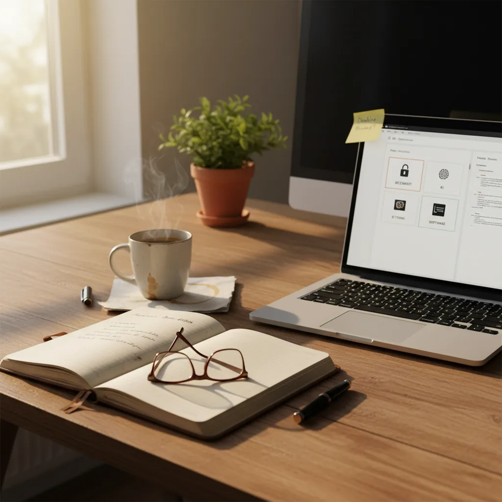 Schreibtisch mit Notebook, Brille, Kaffeetasse und einem Laptop, auf dem ein Newsletter-Programm zu sehen ist