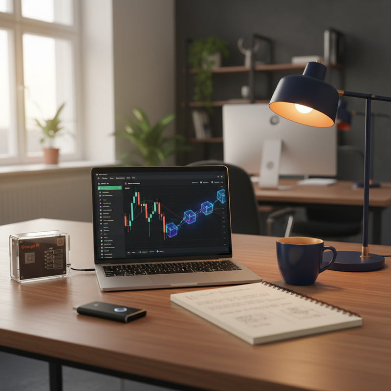Arbeitsplatz mit Laptop, Trading-Dashboard, Edge-Computer und Hardware-Wallet für einen on-chain AI-Agenten