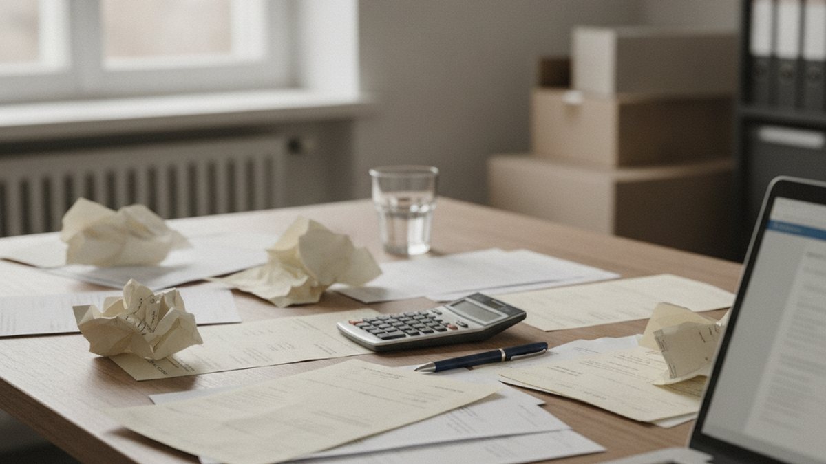 Schreibtisch mit ausgedruckten Auftragsbestätigungen, Taschenrechner und aufgeklapptem Rechner im Büro eines Versandhändlers