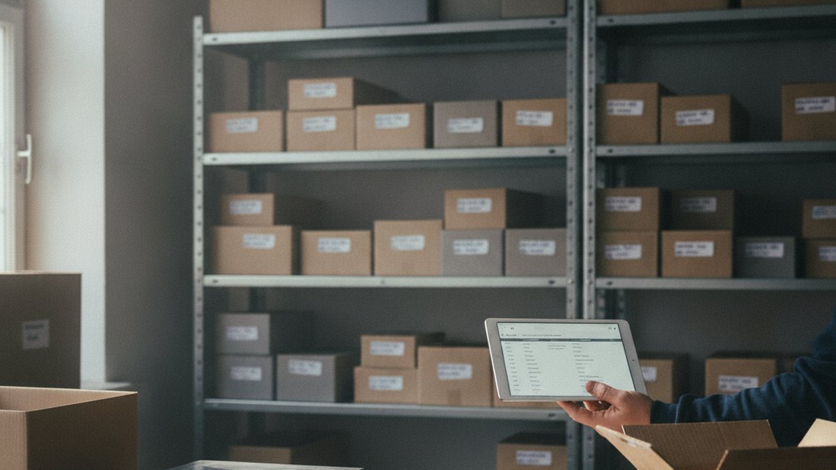 Packtisch in einem kleinen Lager mit Regalen voller beschrifteter Kartons, Paketwaage und Tablet mit Bestandsliste