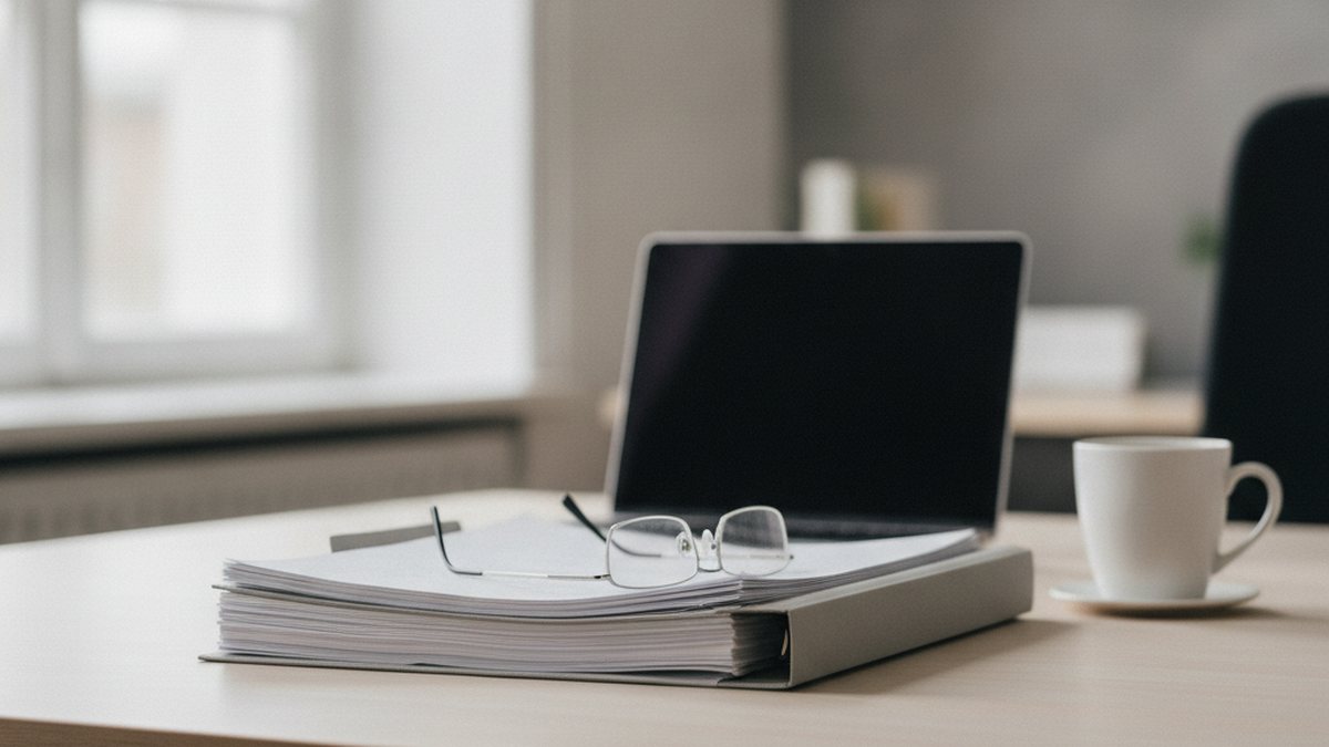 Aktenordner mit ausgedruckten Unterlagen, Lesebrille und geschlossenem Rechner auf einem Bürotisch