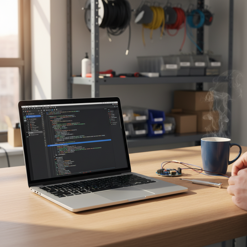 Werkbank mit aufgeklapptem Laptop, Sensor-Board und Werkzeug — Manufaktur-Atmosphäre