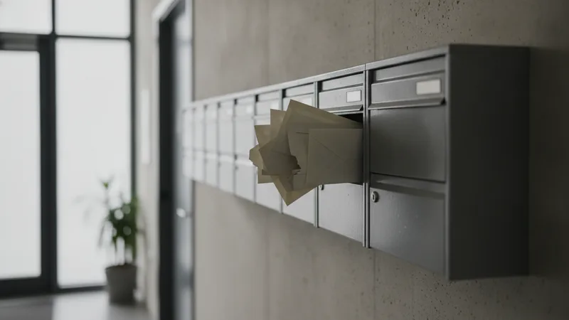 Reihe grauer Metallbriefkästen im Eingangsbereich eines Bürogebäudes, einer geöffnet mit Umschlägen