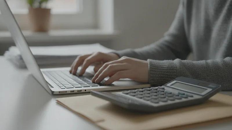 Hände tippen auf einem Laptop in einer Buchhaltung, daneben ein Tischrechner und eine Mappe