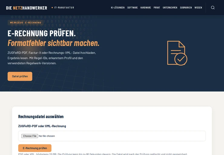 Bildschirmfoto des Werkzeugs E-Rechnung prüfen auf netzhandwerker.de mit Überschrift, Kurzbeschreibung und Feld zur Auswahl einer Rechnungsdatei