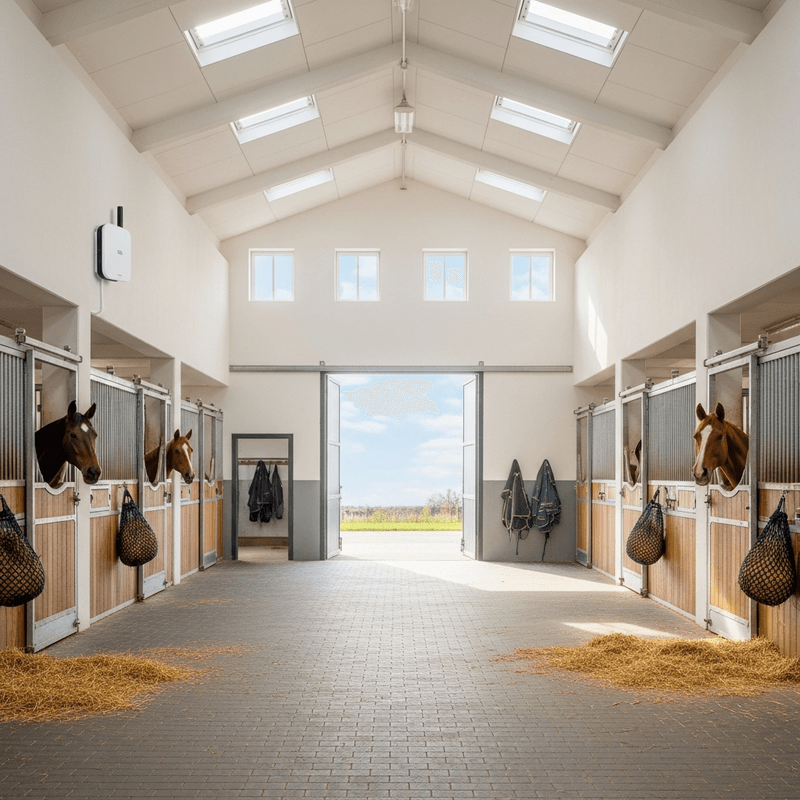 Heller moderner Pferdestall mit weißen Wänden, Dachfenstern, vier Pferden in Boxen und Outdoor-WLAN-Access-Point an der Wand