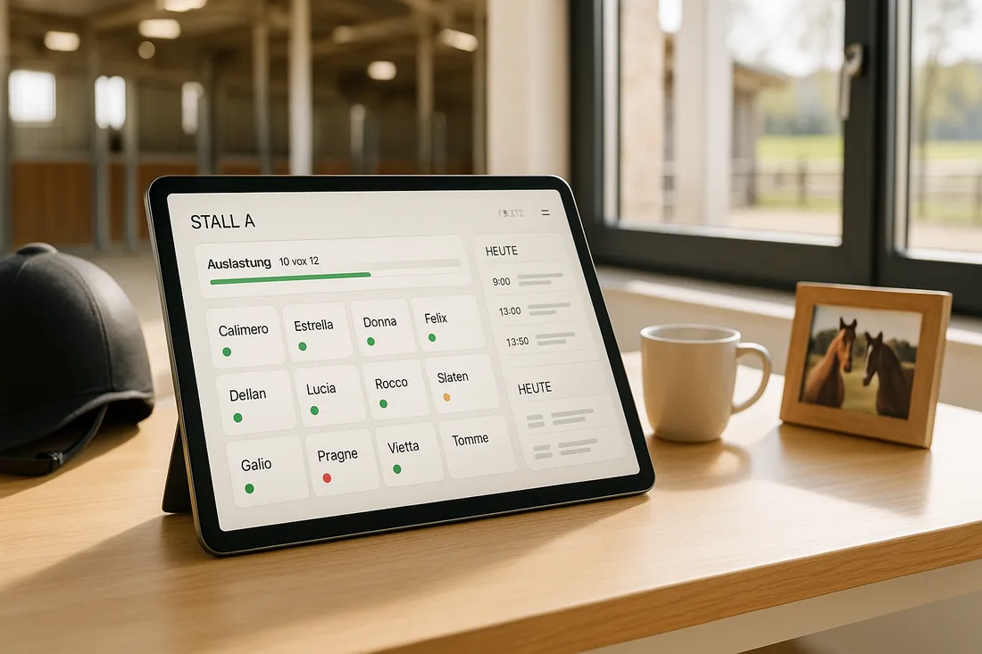 Hofbüro-Tablet zeigt Stall-Übersicht mit zwölf Box-Kacheln, Pferdenamen, Status-Punkten und Tagesplan