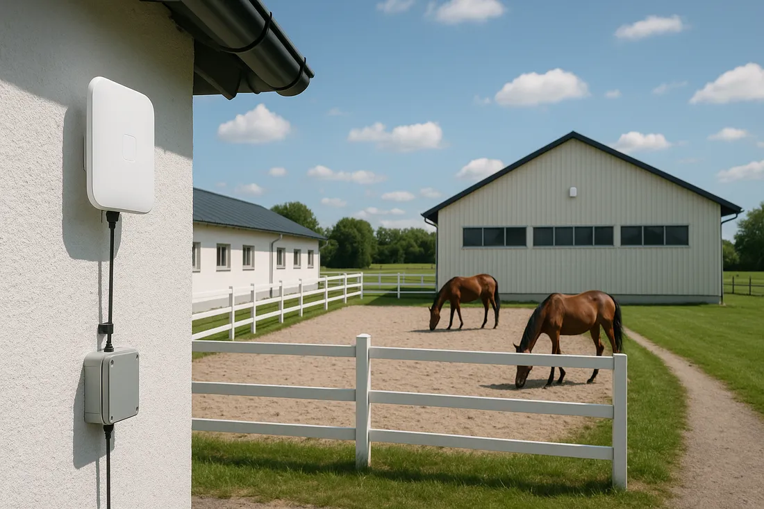Outdoor-WLAN-Access-Point an heller Stallwand mit Reithalle und grasenden Pferden im Hintergrund unter blauem Himmel