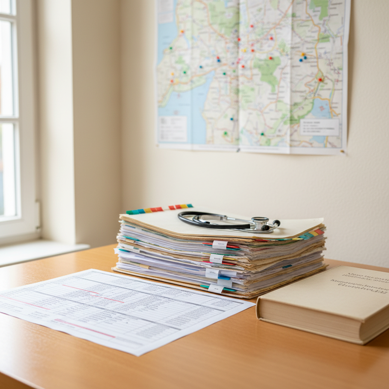 Pflegedienst-Büro mit digitalem Tour-Plan, Ordnern zur SIS-Dokumentation, Leitz-Ordner und Pflege-Fachliteratur
