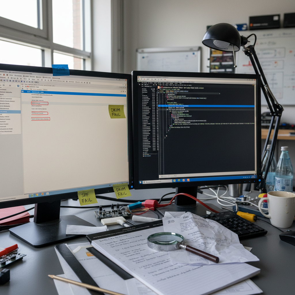 Manufaktur-Schreibtisch mit zwei Monitoren: links ein E-Mail-Header mit rot markierten SPF-FAIL- und DKIM-FAIL-Zeilen, rechts ein Terminal mit einer Sandbox-Prüfung, daneben Notizen, eine Lupe auf einer ausgedruckten E-Mail und eine Schreibtischlampe