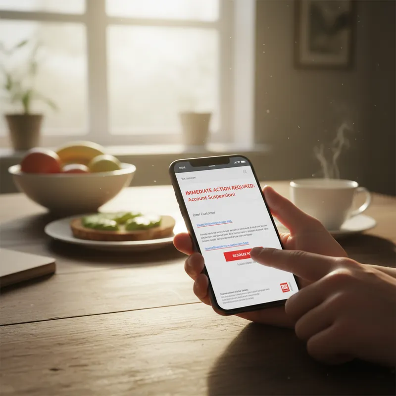 Smartphone mit verdächtiger Phishing-Mail in der Hand