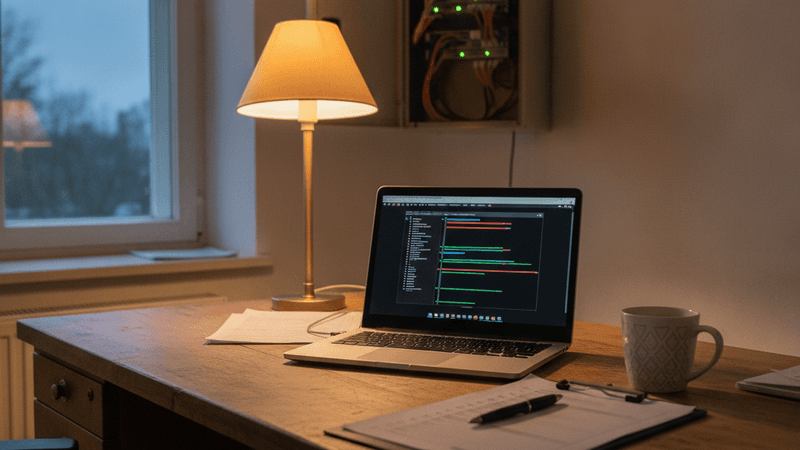 Schreibtisch in einem Büro am Abend: ein Laptop mit farbigen Statuszeilen auf dem Bildschirm, eine Tischlampe, eine Kaffeetasse und ein Klemmbrett mit Prüfliste, im Hintergrund ein geöffneter Netzwerkschrank mit grünen Leuchten