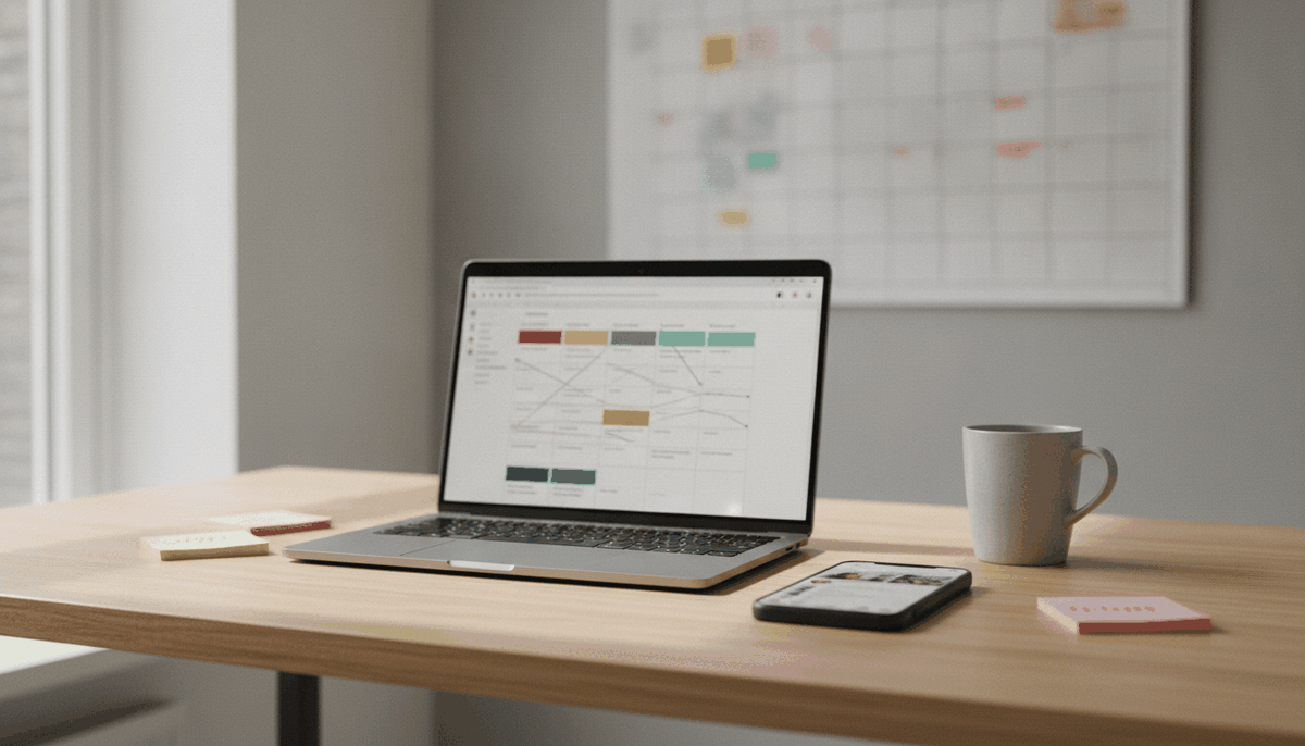 Schreibtisch in einem Betrieb mit Notebook, Wochenplan auf dem Bildschirm und Smartphone daneben