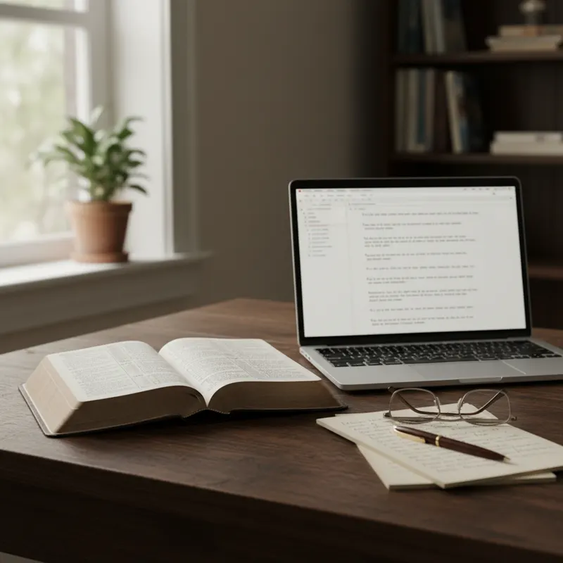 Aufgeschlagene Bibel neben Laptop mit Transkript, Lesebrille und handschriftliche Notizen auf dunklem Holzschreibtisch