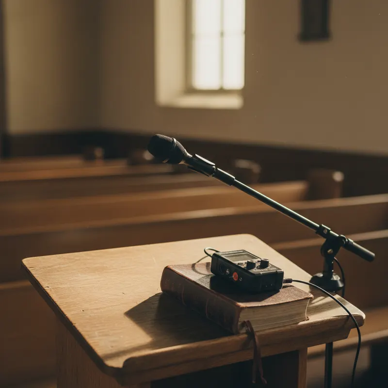 Kanzel mit Mikrofon und Aufnahmegerät auf einer Bibel, Kirchenbänke im Hintergrund
