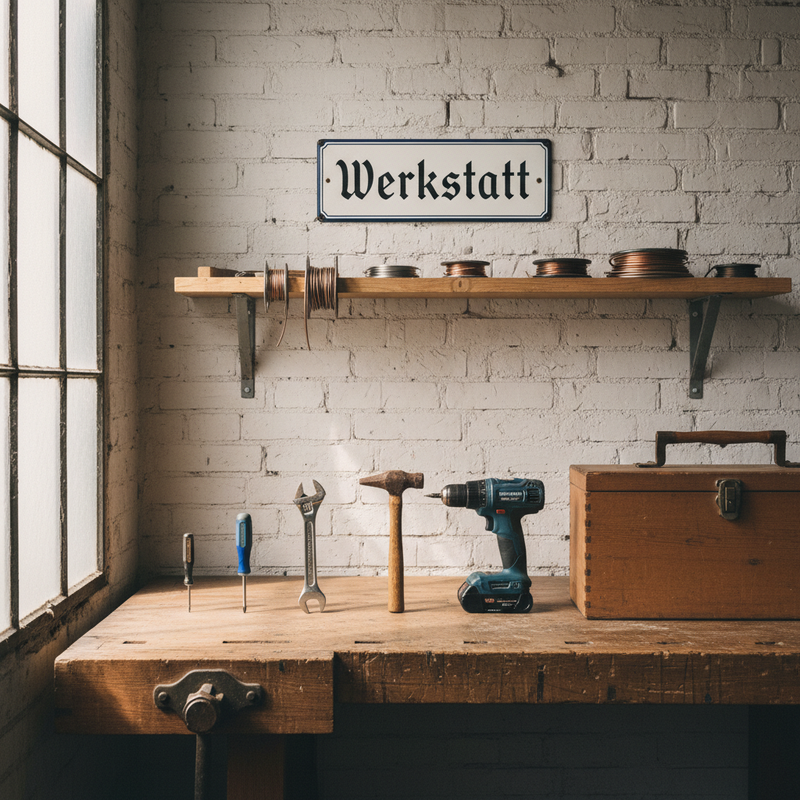 Werkbank in einer hellen M&uuml;nsterland-Werkstatt mit sechs Werkzeugen in aufsteigender Gr&ouml;&szlig;e &ndash; vom Pr&auml;zisions-Schraubendreher bis zur gro&szlig;en Werkzeugkiste &ndash; als Sinnbild f&uuml;r die sechs IT-Pakete der Netzhandwerker