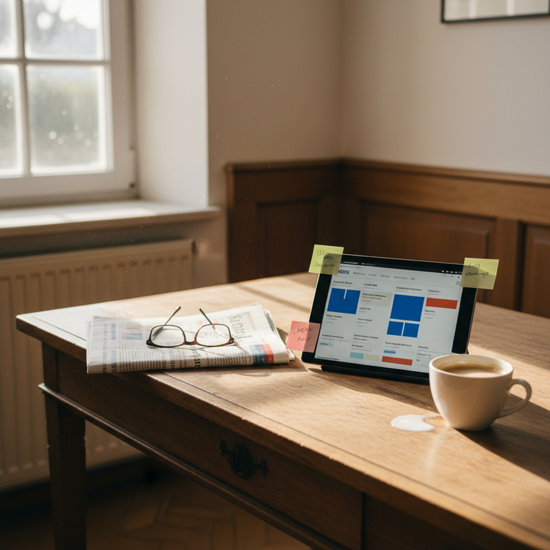 Büroschreibtisch mit Zeitung, Tablet und Kaffeetasse