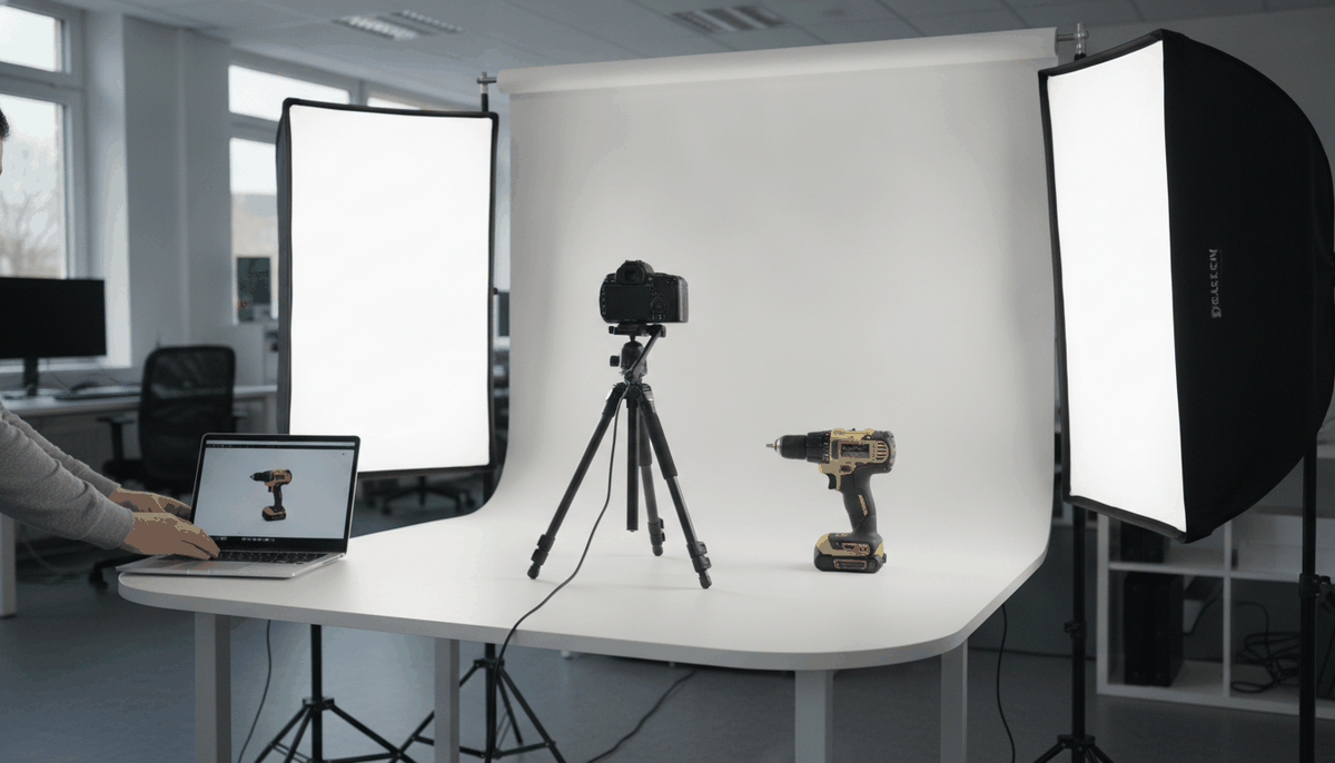 Fotostudio für Produktbilder mit Aufnahmetisch, Softboxen und einem Produkt vor weißem Hintergrund
