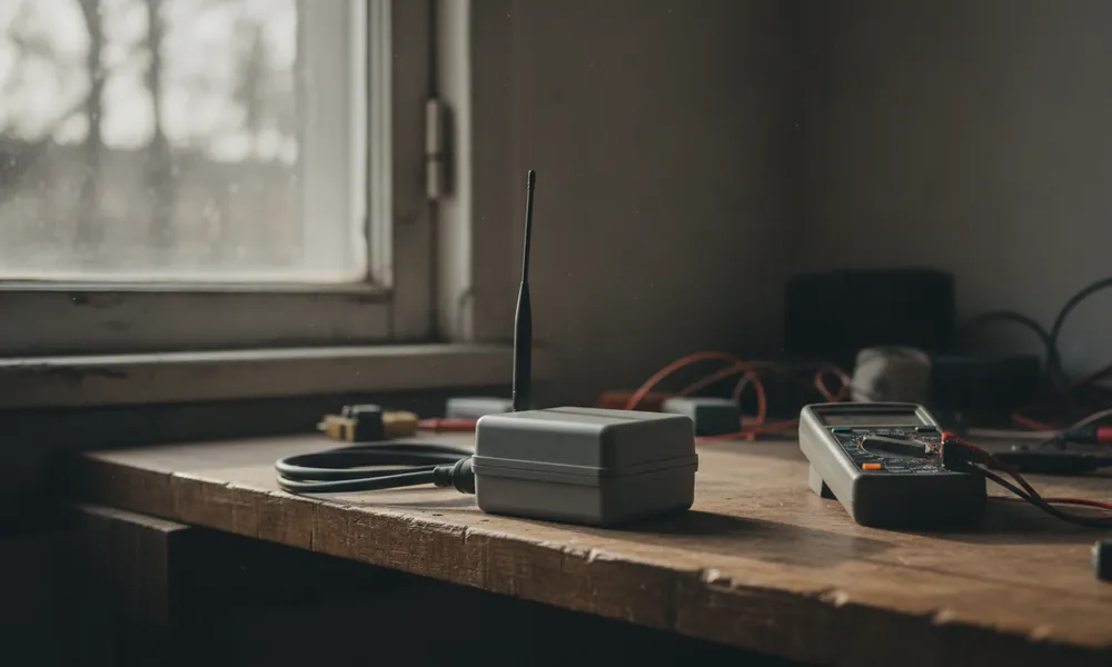 Kleiner Sensorknoten in einem Gehäuse mit Antenne neben einem Messgerät auf einem Arbeitstisch