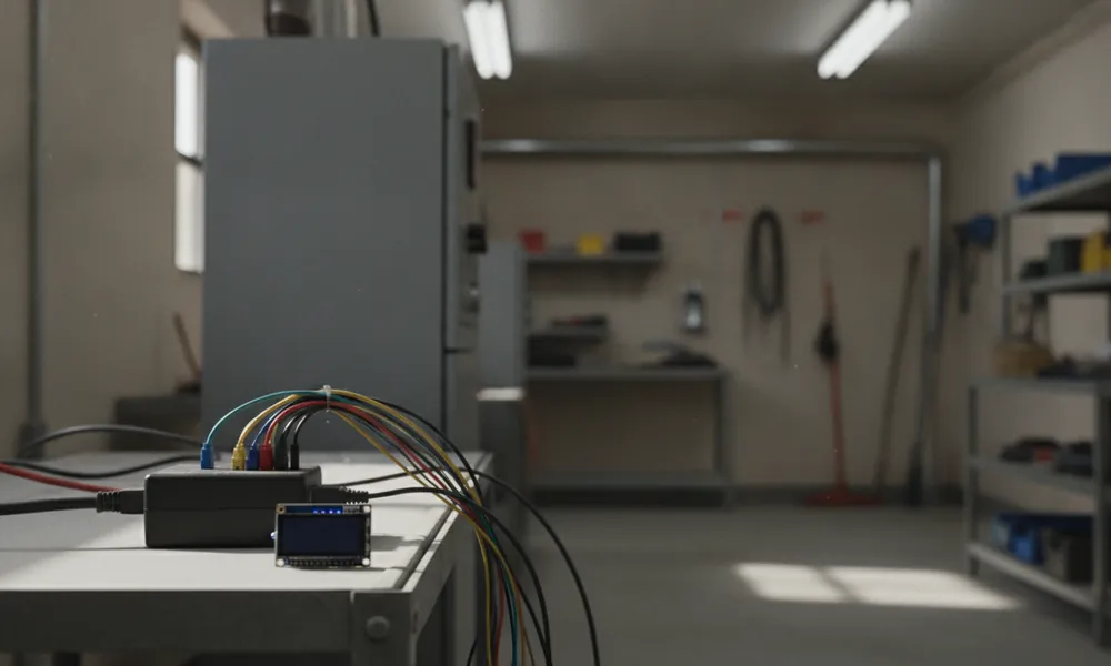 Raspberry Pi in einem Gehäuse mit Kabeln zu einem Schaltschrank, davor ein kleines Display